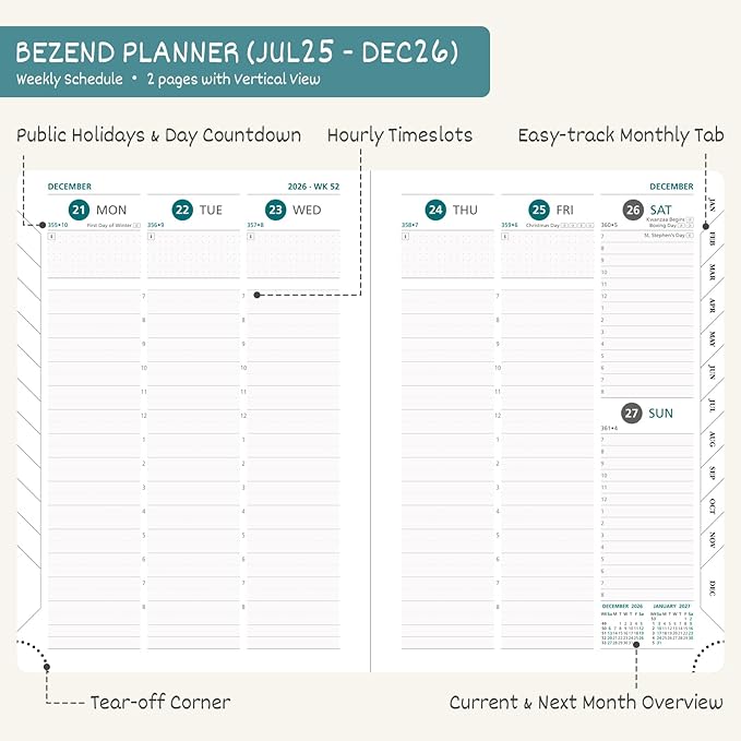 BEZEND Planner 2025-2026 Weekly and Monthly, 8.5" x 11" Academic Calendar (Jul 25-Dec 26) Vertical Daily Appointment with Hourly Timeslot & Monthly Tab, PU Leather Hardcover - Cornflower