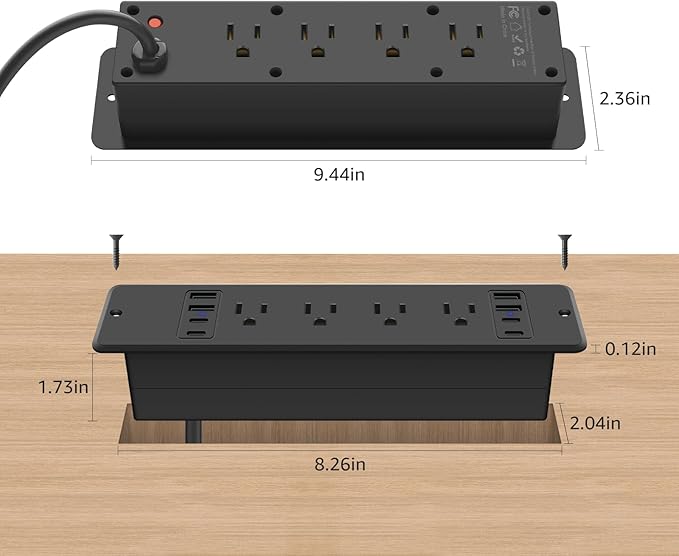 HHSOET 16 in 1 Recessed Power Strip Flat Plug, 45W Fast Charging Furniture Outlet with USB, Conference Recessed Surge Protection with 8 AC Plugs, 4 USB Ports 4 USB-C, 10ft Power Cord.(Black)