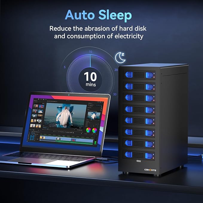 8 Bay Hard Drive Enclosure with Cooling Fan for 2.5/3.5" SATA HDD/SSD with USB A/C 3.0 Cable, 3.5 Hard Drive Enclosure Supports 160TB Capacity, Tool-Free HDD Enclosure, DAS(NO RAID/NAS)