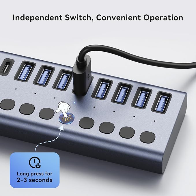 ACASIS 10 Ports 60W USB C 3.2 Hub, 10Gpbs Data Transfer, 20V/3A Power Adapter, Individual On/Off Switches, Aluminum Housing, USB Splitter for PC, Computer, Laptop, Mobile HDD, Flash Drive