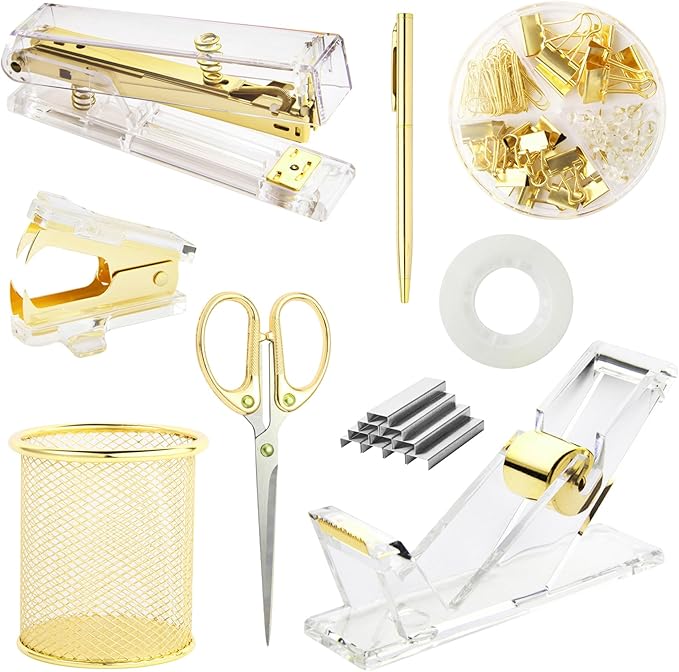 Gold Desk Accessories, Office Supplies Set with Acrylic Stapler, Tape Dispenser, Staple Remover, Pen Holder, Scissor, Binder Paper Clips, 1 Ballpoint Pen, 1 Clear Tape and 1000pcs Staples