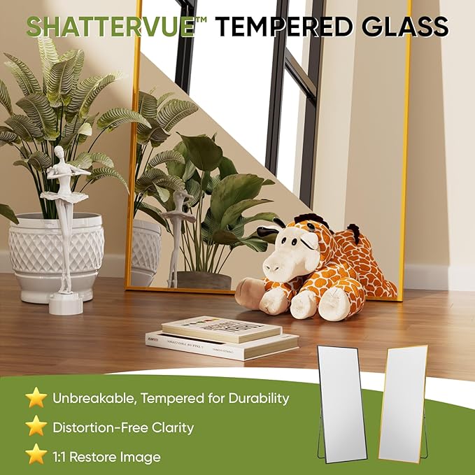 Full-Length Floor Mirror with Stand, 58"x21" Rectangle Style Full Body Standing Mirror for Bedroom, Living Room, Gym, Dorm - Shatter-Resistant & Easy Assembly, Gold