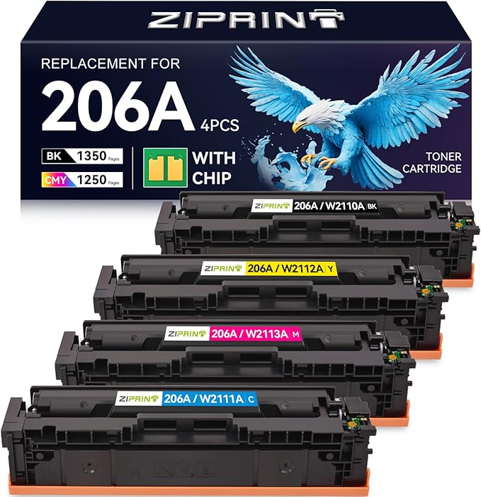 ZIPRINT 206A Toner Cartridges 4 Pack Compatible Replacement for HP 206A 206X for Color Laserjet Pro MFP M283fdw M283cdw M283fdn M282nw Pro M255dw M255nw M283 M255 Printer W2110A W2110X (with chip)