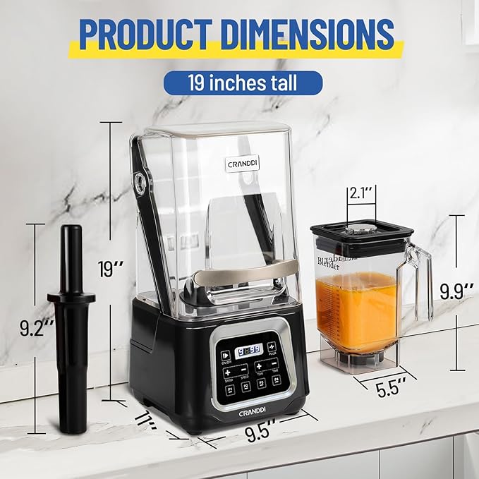 CRANDDI Commercial Smart Smoothie Blender - 2200W High-Power Professional Blenders for Smoothies & More, 4 Pre-Set Programs, Quiet Blender with Removable Shield, 52oz Jar, 120V, K80TS (Black)