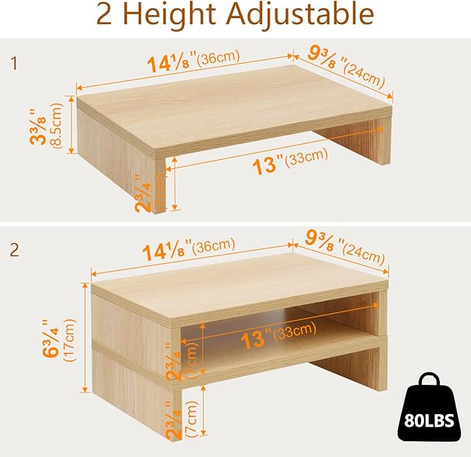 TEAMIX Wood Monitor Stand Riser - 2 Pack Adjustable Dual Monitor Riser for Laptop/PC