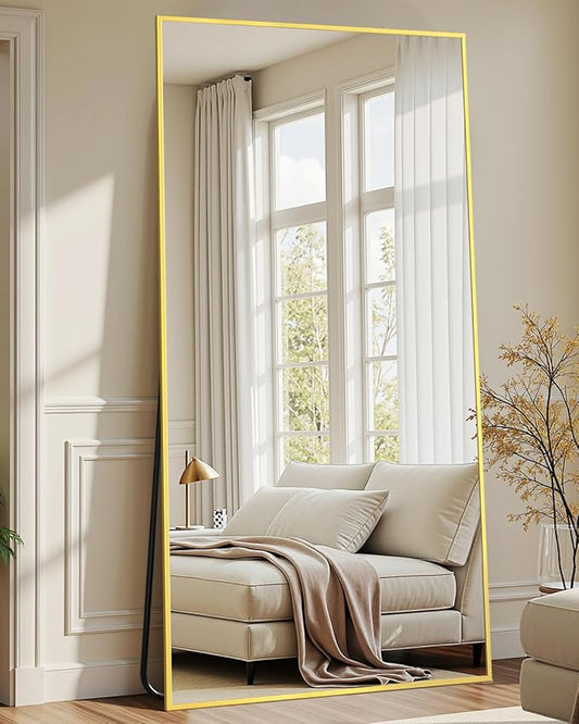 Full-Length Floor Mirror with Stand, 71"x32" Rectangle Style Full Body Standing Mirror for Bedroom, Living Room, Gym, Dorm - Shatter-Resistant & Easy Assembly, Gold