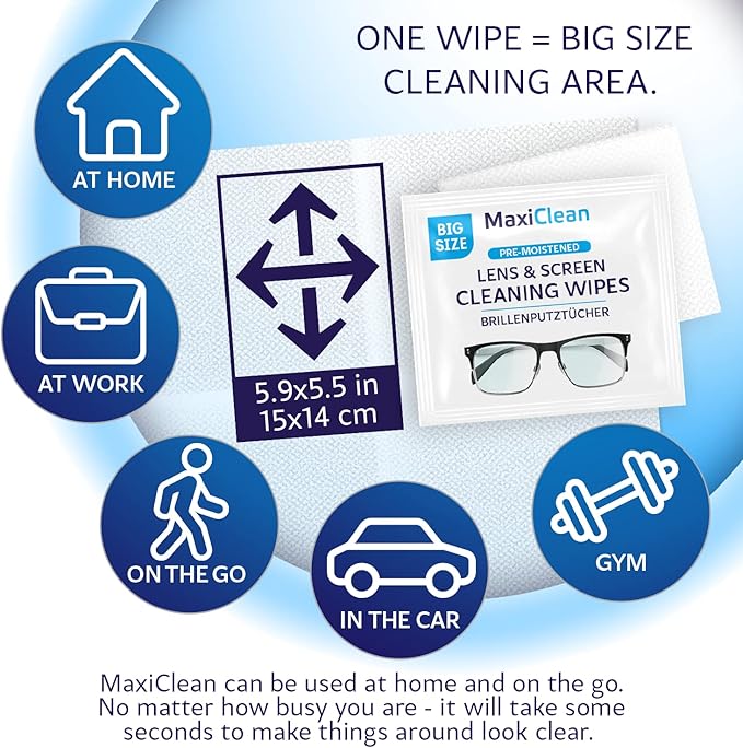 Glasses Wipes Lens Cleaner - Lens Wipes for Eyeglasses - 400 Pre-moistened Individually Wrapped Wipes for Eye Glasses, Electronics, Phone, Computer, Laptop Screen - Camera Lens Cleaner - Made in EU
