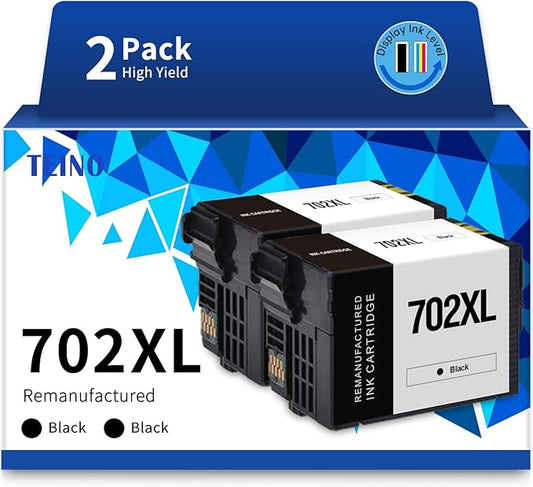 TEINO Remanufactured Ink Cartridge Replacement for Epson 702 702XL T702 T702XL use with Epson Workforce Pro WF-3720 WF-3730 WF-3733 (Black, 2-Pack)