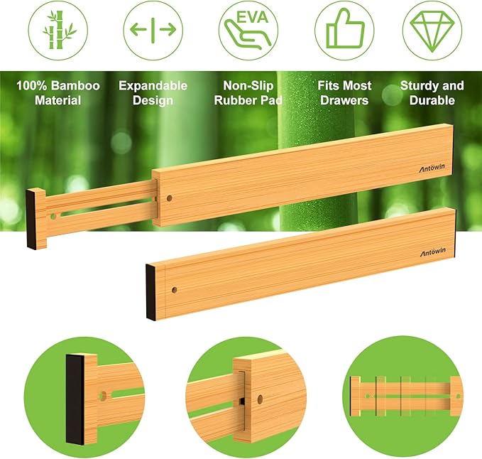 ANTOWIN Bamboo Drawer Dividers, Expandable Drawer Separators Splitter, 17-22 inches Adjustable Spring-loaded Organizer for Large Utensil, Clothes, Tools Drawers, 6 Pack Dividers + 4 Pack Baffle