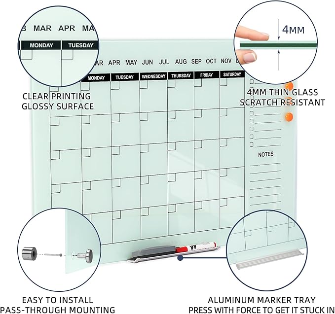 TSJ OFFICE Glass Calendar Whiteboard - 36 x 24 Inches Wall Mounted Monthly Dry Erase Calendar for Wall, Large Magnetic Glass White Board for Office, Home & School
