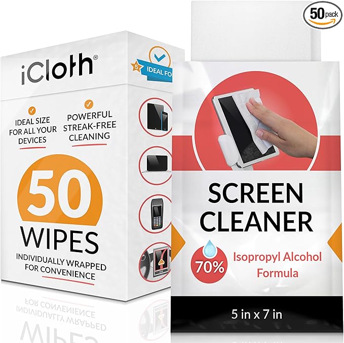 iCloth 70% Isopropyl Alcohol Large Screen and Electronics Wipes, Lint-Free, Streak-Free, Fast-Drying, Removes Dust and Fingerprints (50 Wipes)