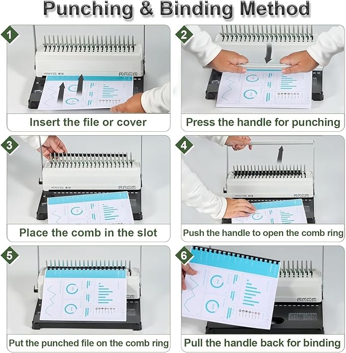 HOUYEE Manual Comb Binding Machine,19 Holes, 450 Sheets,Paper Punch Comb Binder Machine with 50 PCS 1/2" Comb Binding Spines, Fit for Letter Size Paper