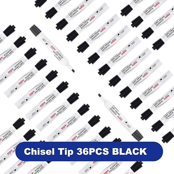 Comix Low Odor Dry Erase Markers, 36 Bulk Black Color Whiteboard Markers, Chisel Tip Thick Markers for Kids Teachers