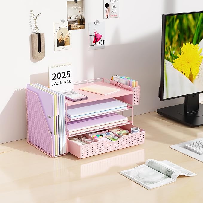 Wood Desk Organizers and Accessories with File Holder, 4-Tier Desk Accessories & Workspace Organizers with Drawer and Pen Holder, Paper Organizer for Office Supplies (Pink)