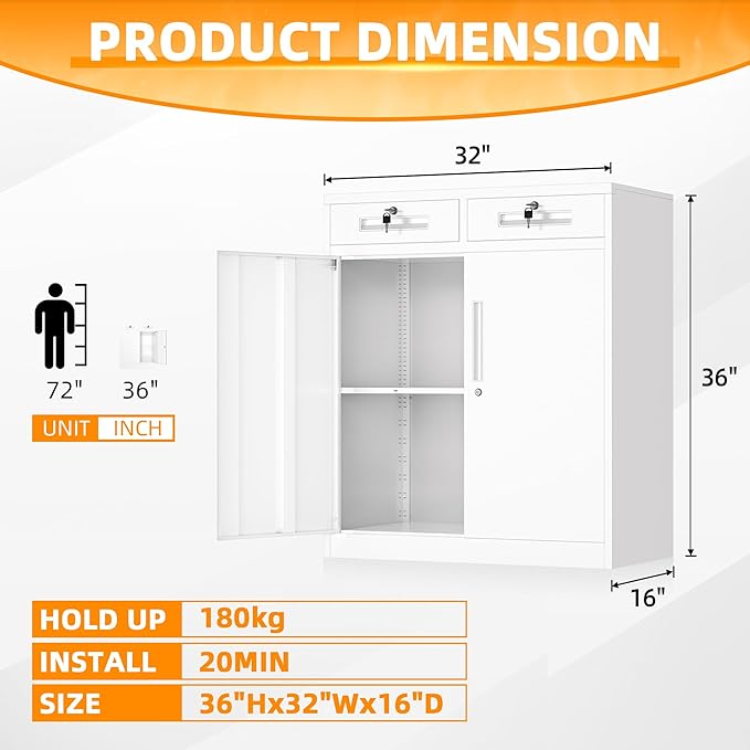 INTERGREAT Metal Cabinet with Drawers, Lockable Metal Storage Cabinets with Doors and Shelves for Garage, White Locking Garage Storage Cabinets 36"×32"×16"