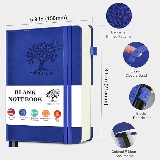 PERCUN Blank Journal Ntebook for Men & Women, 160 Pages Blank Journals for Writing, Drawing,Sketch Book,5.9" x 8.5" Leather Sketchbook, Unlined Notebook for Work, School, Art - Navy