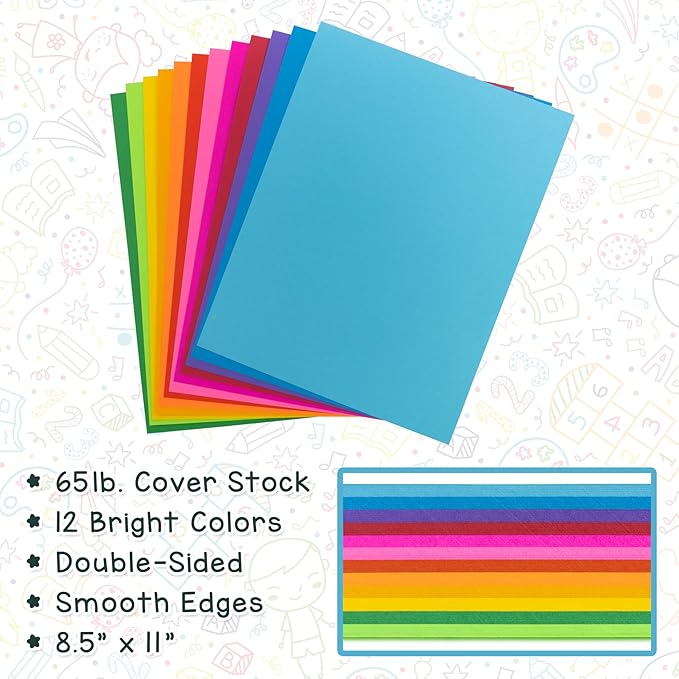 Hygloss Bright Colored Cardstock - 8.5x11-Inch, 12 Assorted Colors, 48 Sheets, 65 lb/ 176 gsm, Fade-Resistant, Acid-Free Color Card Stock Paper