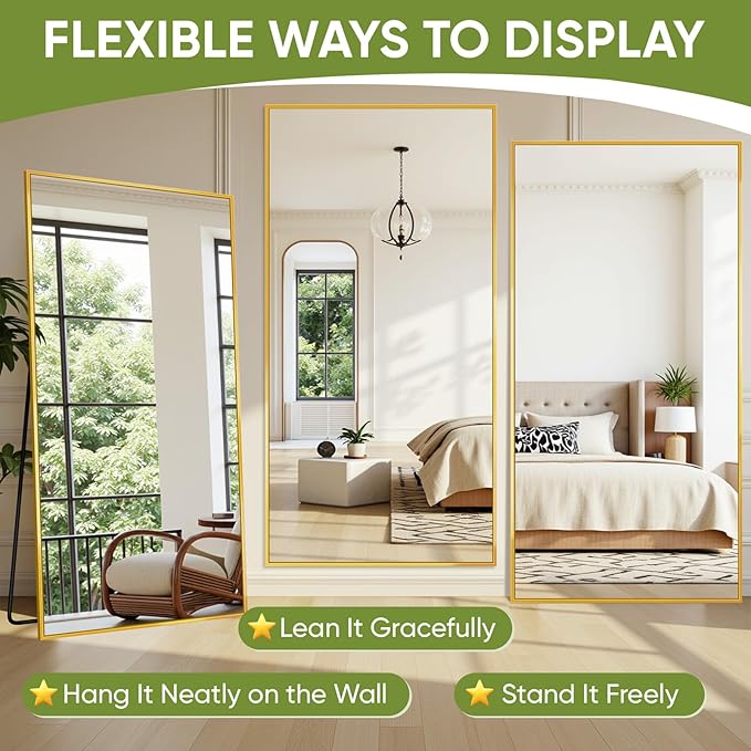Full-Length Floor Mirror with Stand, 76"x34" Rectangle Style Full Body Standing Mirror for Bedroom, Living Room, Gym, Dorm - Shatter-Resistant & Easy Assembly, Gold