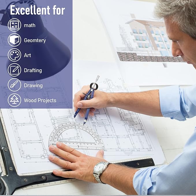 EBOOT Student Geometry Math Set, Drawing Compass and 6 Inch Clear Swing Arm Protractors 180 Degree Math Protractor (Blue)