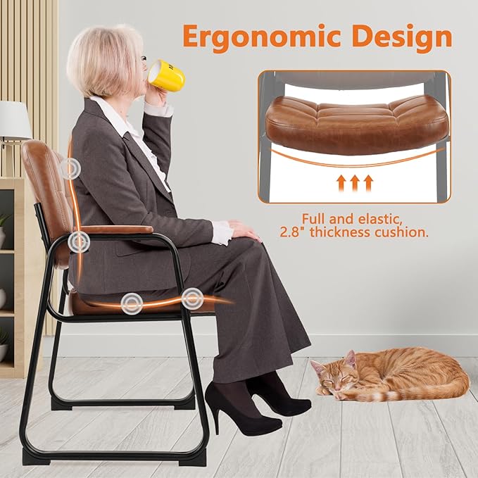 CLATINA Big & Tall 500 lb Waiting Room Chairs with Padded Armrests and Sled Base, Leather Stationary No Wheels Office Guest Chair for Reception Lobby Home and Meeting Conference, Brown （6 Pack）