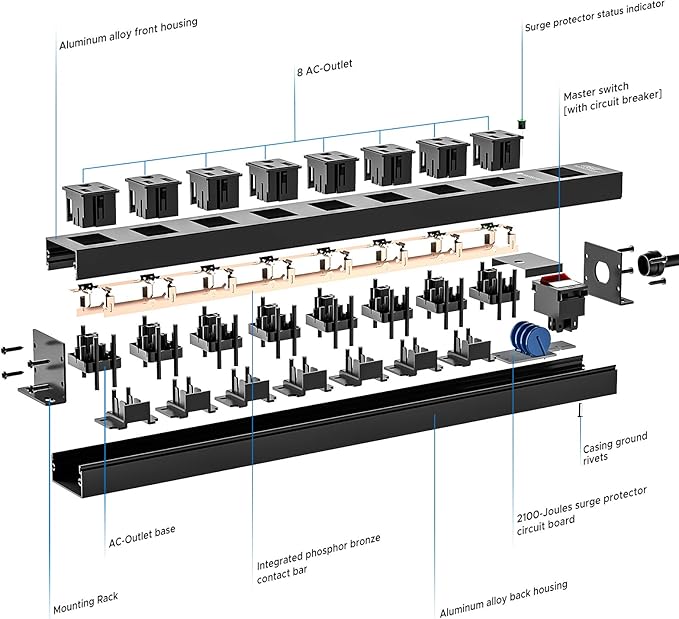 CRST 8 Outlet Metal Heavy Duty Power Strip, 2100J Surge Protector, 6FT Cord Mountable Wide Spaced Industrial Power Strip,15A/1875W