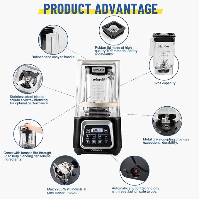 CRANDDI Commercial Smart Smoothie Blender - 2200W High-Power Professional Blenders for Smoothies & More, 4 Pre-Set Programs, Quiet Blender with Removable Shield, 52oz Jar, 120V, K80TS (Black)