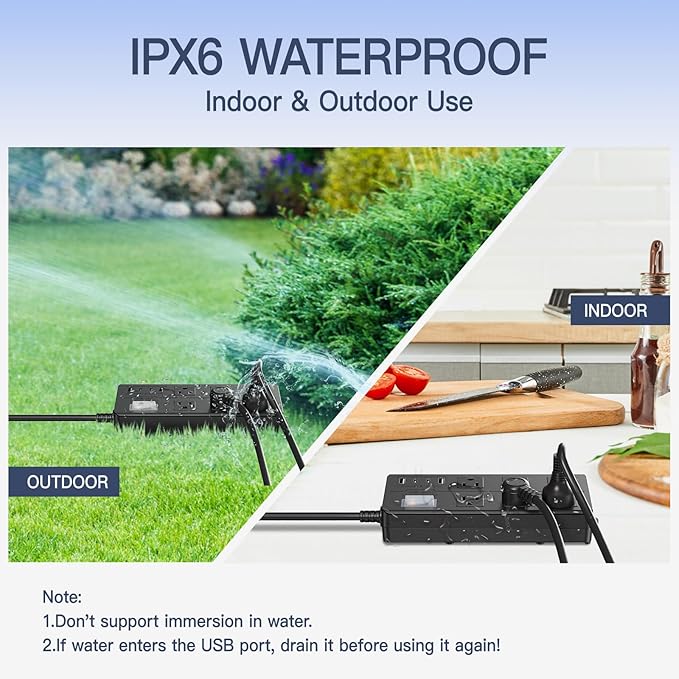 Outdoor Power Strip Weatherproof,Waterproof Surge Protector with 4 USB Ports and 6 Outlets,15 FT Extension Cord with Flat Plug,Shockproof Overload Protection, Wall Outlet for Home Office Porch Patio