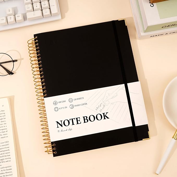 FLYING EAGLE Black Spiral Notebook College Ruled 8.5 X 11 with Tab Stickers Large Hardcover Notebooks for School Supplies A4 Note Book Journal Notebooks for Work Note Taking Office, 200 Pages