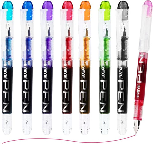 EYEYE Disposable Fountain Pens, 8 Pack Multicolor Fine Point Fountain Pens for Writing, Stainless Steel Nib, Smooth Writing for Calligraphy, Journaling, Drafting, Sketching, Doodling & Gifts