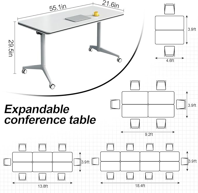 Folding Conference Table, Modern Large Conference Room Tables with Flip-Top Design, Foldable Conference Table Meeting Table with Wheels, Mobile Seminar Training Tables for Office Classroom (8, White)