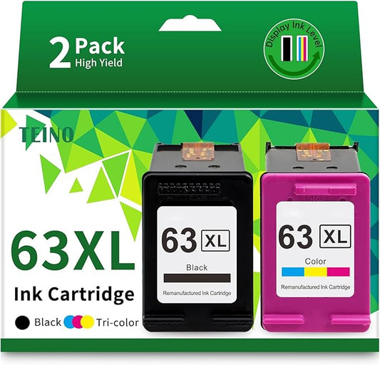 TEINO Remanufactured 63XL Ink Cartridge Replacement for HP OfficeJet 3830 4650 5255 5258 4655 4652 3833 Envy 4520 4512 DeskJet 1112 3630, Black, Tri-color, 2-Pack