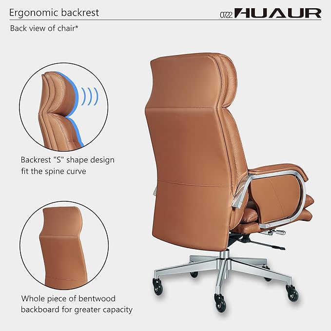 Genuine Leather Modern Executive Chair High-Back Support 90 to 150 Degrees Tilt and Upholstered Home Desk Chair with Base 400LB Capacity Swivel Computer Office Chair (Orange)