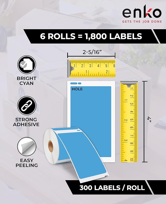 enKo [6 Rolls, 1800 Direct Thermal Labels] Blue/Cyan Colored Compatible for Dymo 30256 Label (2-5/16 x 4") Use with Dymo, Rollo Thermal Printer as Shipping & Mailing Labels