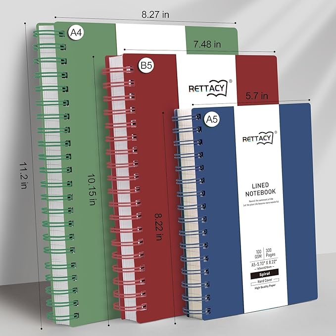 RETTACY Spiral College Ruled Notebook, 300 Pages, A4 Large Size (8.2" x 11.2"), for School, Work, Writing, Journaling, 100 GSM Thick Paper, Flexible Plastic Cover (Navy Blue)