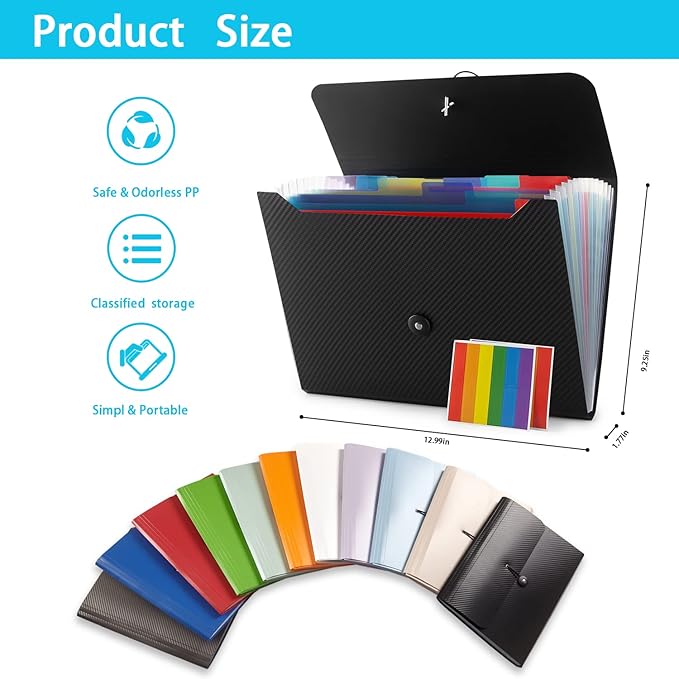 Expanding File Folder with 13 Pockets - Accordion Filing Folder for Documents - Aesthetic Black Paper Organizer for Work, School, Home, Office
