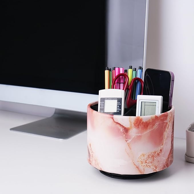 Round Leather Art Supply Organizer,Remote Control Holder,360-degree Rotating Pen Organizer with 4 Compartments(1-Marble Pink)