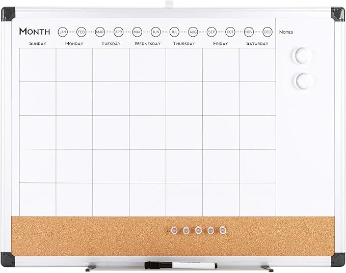 VUSIGN Monthly Calendar Whiteboard Dry Erase Cork Board Combo, 24" x 36" Planning Board, Silver Aluminium Frame