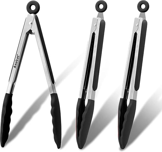 Anaeat 3 Pack 7" Mini Non-Stick Silicone Locking Tongs - Stainless Steel Kitchen Food Tong with Non-Slip Silicone Tips and Grip for Cooking, Baking and BBQ - Heat Resistant up to 480°F (Black)