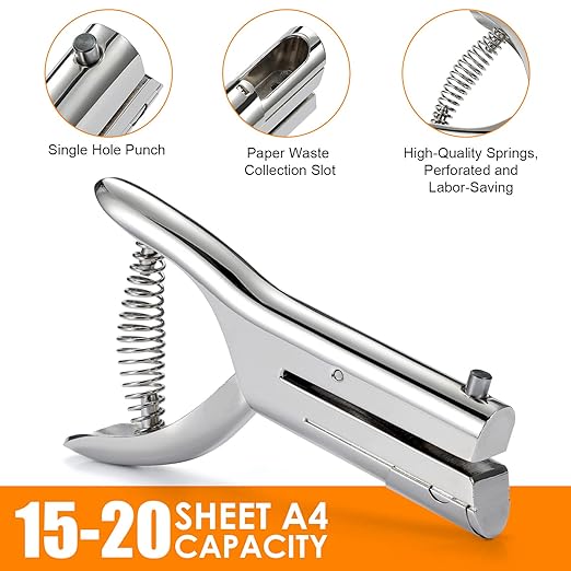 Hole Punch 2" Reach 1/4 inch Single Hole Punch,Heavy Duty Hole Puncher Single,Portable Hand Held Long Paper Punch for Paper Cards Plastic Cardboard (Silver) (1/4"-6mm Hole)