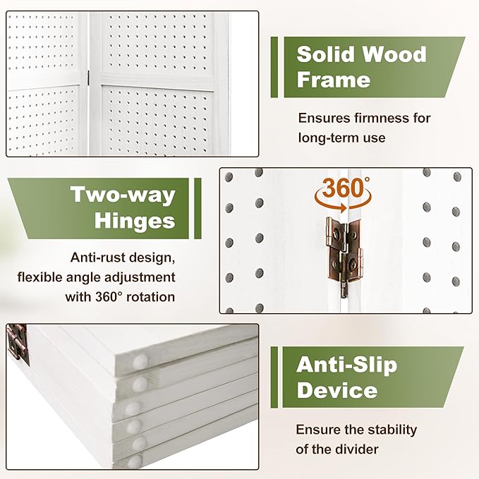 NicBex 6 Panel Pegboard Display,5.6FT Wood PegBoard Room Dividers,Folding Privacy Screens Portable Freestanding Display Board for Craft/Art Shows,Room Separation,White