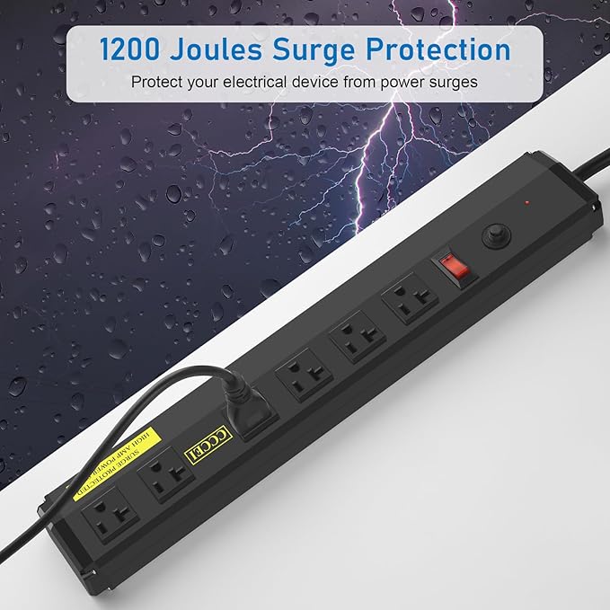 CCCEI Heavy Duty Power Strip Surge Protector 20 Amp, High Amp Industrial Shop Garage Metal Multiple Outlets, 6 FT 12 Gauge 5-15P Extension Cord 6 Outlet 6-20R T-Slot 20a for Appliance. Black.