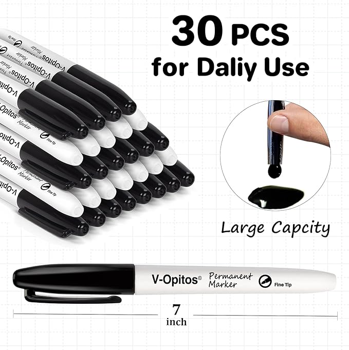V-Opitos 30 Pack Black Permanent Markers, Bulk Fine Point Waterproof Markers Pens, Durable, Quick-Drying Marker, Ideal Stationery Supplies for Schools, Homes and Offices