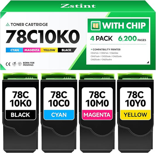 78C10K0 78C10C0 78C10M0 78C10Y0 Toner Cartridge Set 4-Pack Black Magenta Yellow Cyan High Yield With Chip Replacement Compatible for Lexmark CS421 CX522 CX421 CS521 CX521 CS522 CX622 CX625 Printer Ink