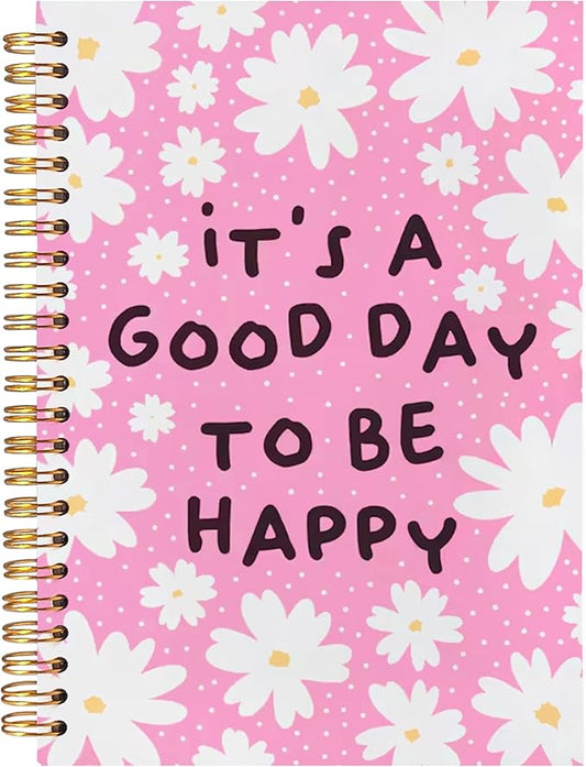 BearCake It's A Good Day To Be Happy Inspirational Notebooks, Cute Notebooks, Pink Aesthetic Notebook, Floral Notebook, Pink Office Supplies, Hardcover Spiral Notebook 5.5x8.3
