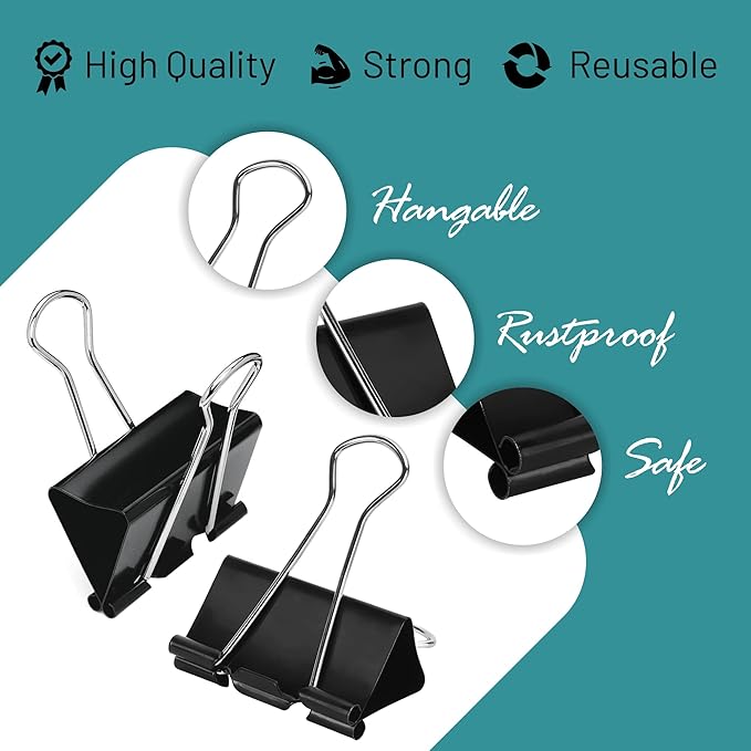 Binder Clips - 60 Pack Small Black Paper Clamps, 0.75 Inch, Holds 40+ Pages, File Clip for Home, Office and School Supplies