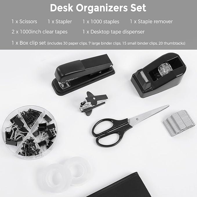 SKYDUE Black Office Supplies Set, Black Desk Accessories, Stapler, Tape Dispenser, Scissors, Binder/Paper Clips and 1000pcs Staples, Desk Supplies Set
