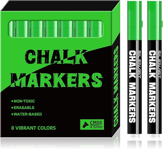 SILENART Chalk Markers Green 8 Pack - Vibrant Chalkboard Marker for Blackboard Dry Erase Board Windows Glass Mirror Menu Board - - 8 Pack