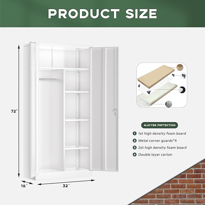 Greenvelly Metal Wardrobe Cabinet with Locking Doors, 72"H White Metal Wardrobe Closet with Hanging Rods and Adjustable Shelves, Clothing Storage Closet for Home, Office, Employee, Gym (16" D x 32" W)