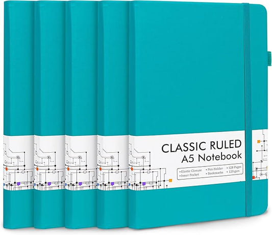feela 5 Pack Journal Notebook Bulk for School, Hardcover Business Notebooks Classic Ruled Lined Journals with Pen Holder for Work Note Taking, with 5 Black Pens, 120 GSM, 5.1”x8.3”, A5, Emerald