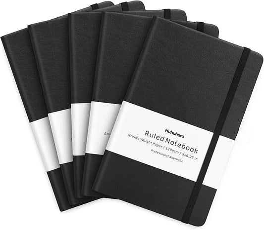 Huhuhero Lined Journal Notebook, 5 Pack Black Hardcover Notebooks for Work Women Men, 120Gsm Thick Paper Leather Journals for Writing Note Taking Business, Journaling School Supplies 5"×8.25"
